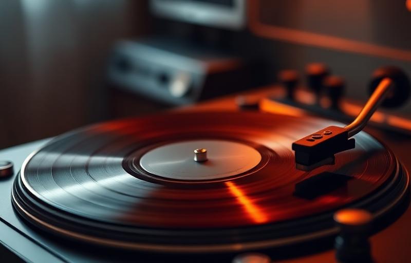 Vintage vinyl record player spinning a memorial tribute song in warm golden light — choosing the right instrumental music for a funeral slideshow