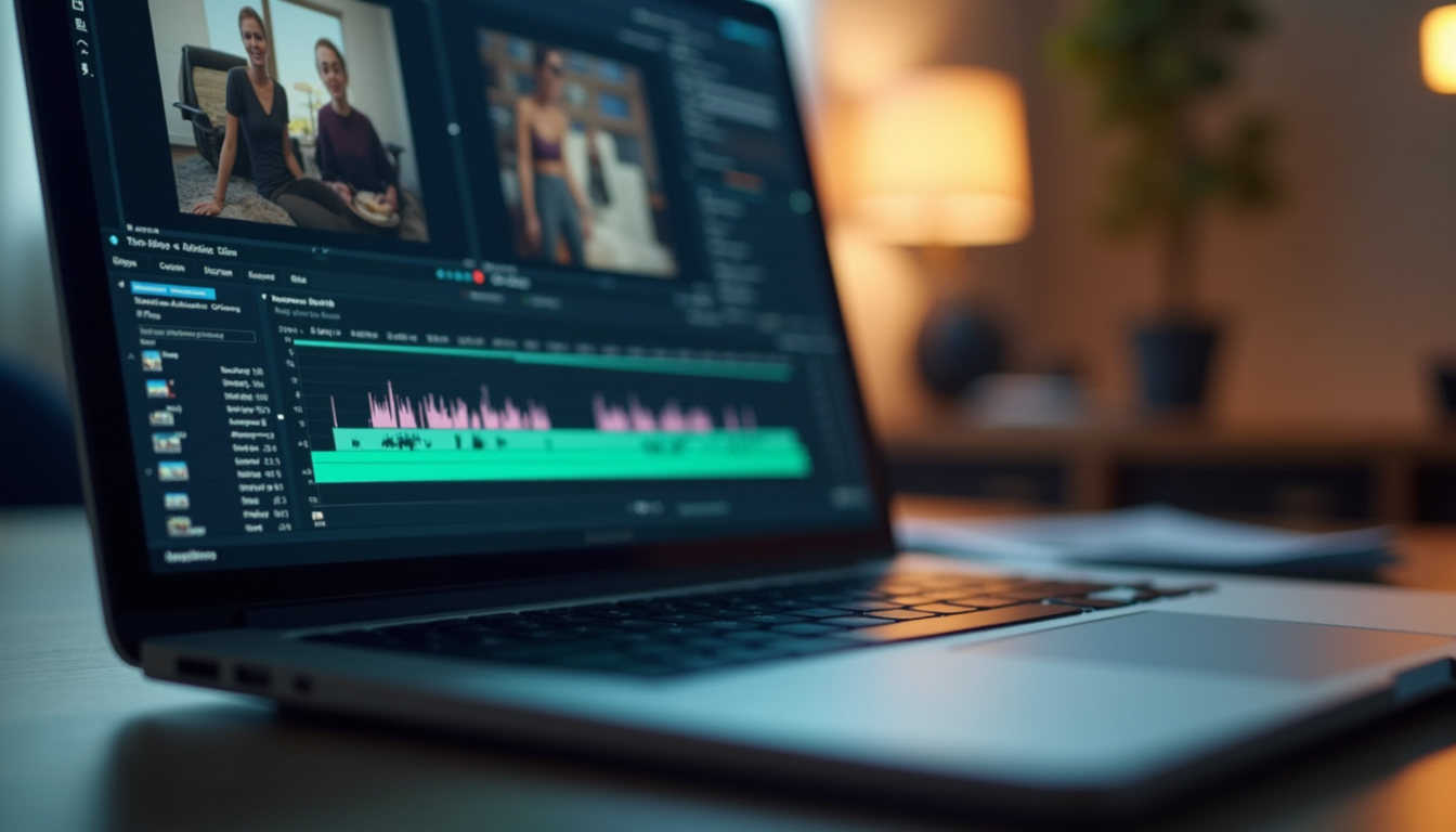 Close-up view of a laptop screen showing video editing software