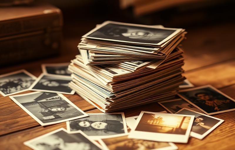 Family gathered together looking at cherished old photographs while choosing songs for a memorial slideshow video tribute